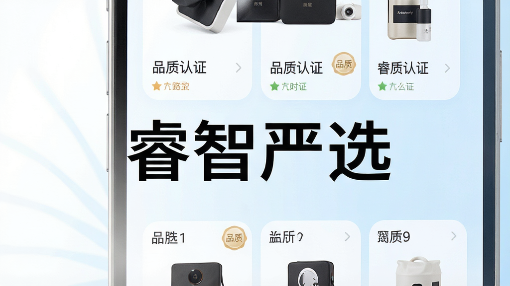 一张手机屏幕展示购物软件界面的图片,画面中央是“睿智严选”四个大字,背景是简洁的白色和浅蓝色渐变,界面中展示着精选商品卡片和品质认证标签,布局清晰,风格现代简约,细节圆润,画质干净无多余元素。