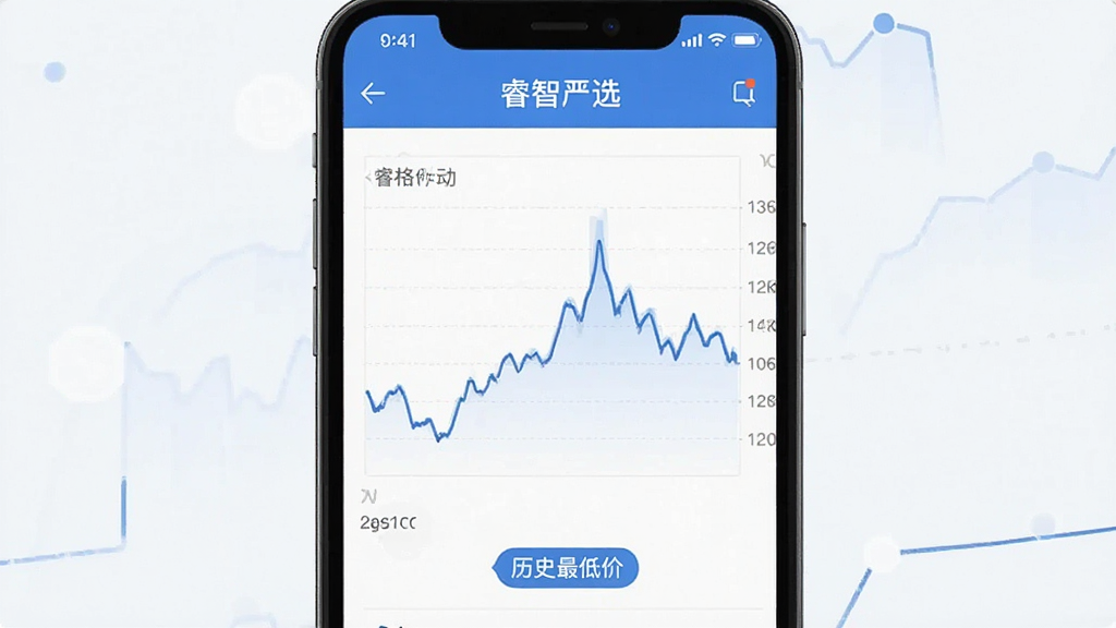 一张手机界面截图风格图片,展示“睿智严选”的价格趋势图表,画面中有清晰的折线图显示价格波动,下方有“历史最低价”标签,界面以蓝白配色为主,布局简洁,风格现代扁平,画质干净无多余元素。