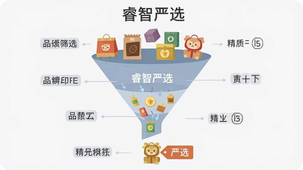 一张展示“睿智严选”品质筛选流程的示意图,画面主体是一个漏斗形状,上方是各种商品图标,经过漏斗过滤后下方只剩下带有“严选”标签的精品,背景是干净的浅灰色,风格扁平化,文字标注清晰,画质干净无多余元素。