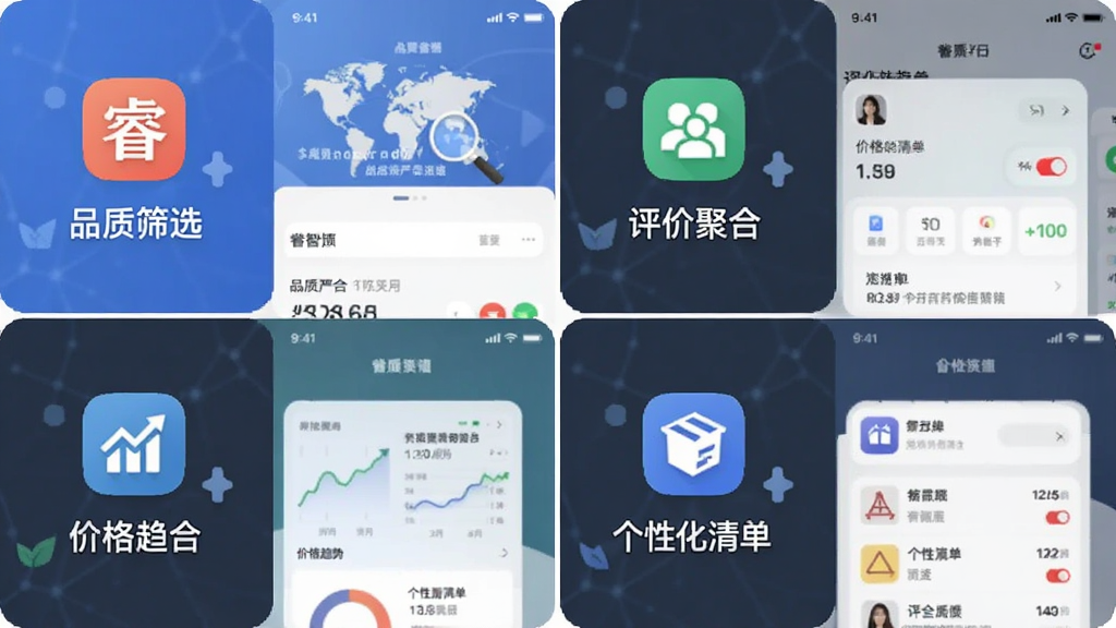 一张展示“睿智严选”App多个功能模块组合的图片,画面中同时呈现品质筛选、评价聚合、价格趋势、个性化清单四个板块的图标和简要界面,布局整齐,风格统一为扁平化设计,画质干净无多余元素。