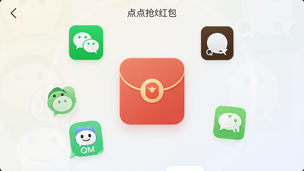 一张展示“点点抢红包”软件核心界面的竖版手机截图,画面中央是一个圆润的红色红包图标,周围环绕着微信、QQ等常见聊天软件的简化图标,背景是简洁的浅色渐变,风格清爽现代,细节清晰,画质干净无多余元素