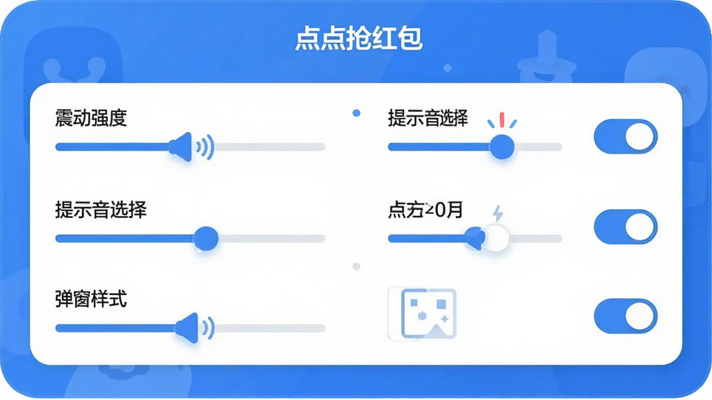 一张“点点抢红包”设置界面的示意图,画面中展示了多个可调节的选项滑块和开关按钮,比如“震动强度”、“提示音选择”、“弹窗样式”,界面布局清晰,以蓝白为主色调,风格现代扁平,细节圆润,画质干净无多余元素