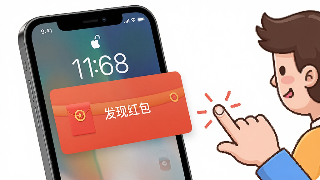一张“点点抢红包”功能展示图,画面左侧是一部手机显示锁屏界面,屏幕中央弹出一个醒目的红包提醒通知卡片,卡片上写着“发现红包”,右侧是一个卡通人物手指快速点击屏幕的动效示意,整体风格活泼,色彩鲜明,画质清晰干净