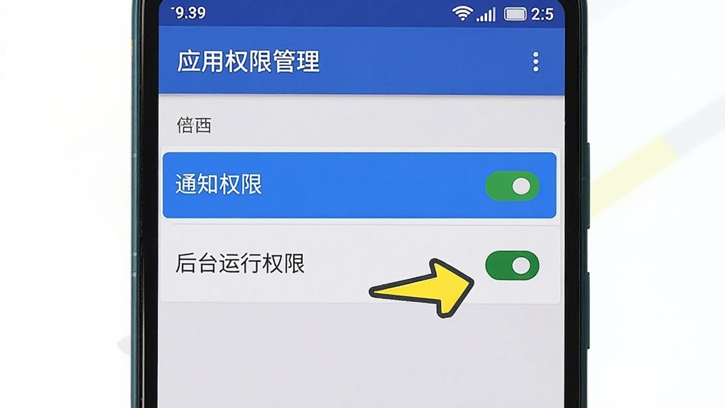 一张手机屏幕截图,画面显示的是安卓系统的“应用权限管理”页面,高亮标注了“通知权限”和“后台运行权限”两个选项,旁边有一个卡通箭头指向开启按钮,风格简洁明了,画质清晰