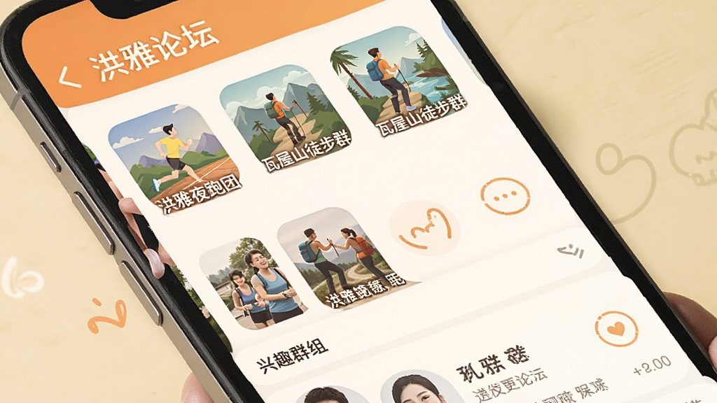 ������̳ͬ�ǽ��ѽ��棬�ֻ���Ļ��ʾ��ȤȺ���б����û���̬���С�����ҹ���š�������ɽͽ��Ⱥ����Ⱥ��ͼ�꣬����ɫ����ů�������ã����ʸɾ����޶���Ԫ��