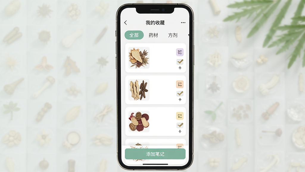 ����ҩ�����ղ���ʼǹ��ܽ��棬�ֻ���Ļ��ʾ���ҵ��ղء�ҳ�棬�б����ж��ҩ�Ŀ�Ƭ��ÿ����Ƭ�Ҳ��бʼ�ͼ�꣬ҳ�涥���з����ǩ��ȫ������ҩ�ġ������������ײ��С����ӱʼǡ���ť����������ˬ��ɫ����ͣ����ʸɾ��޶���Ԫ��