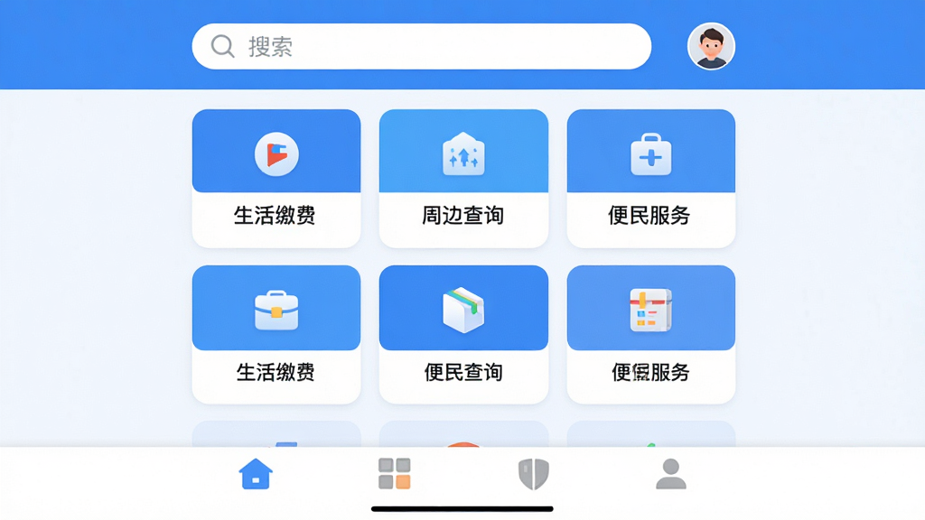 �忨ͨӦ��������ȫòչʾ�����岼�ּ����ˬ�����������������û�ͷ���м������ǹ��ܿ�Ƭ�������У���������ɷѡ��ܱ߲�ѯ����������ͼ�꣬�ײ�Ϊ��������������ɫ������Ϊ��������ִ���ƽ��������ɾ��޹�浯������������ϸ�壬�޶���Ԫ��