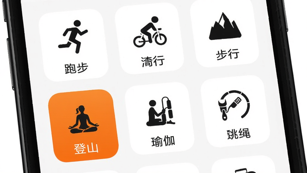 Fit-here 运动模式选择界面,手机屏幕显示网格排列的运动图标列表,包括跑步、骑行、步行、登山、瑜伽、跳绳等,每个图标下方有中文标注,选中项高亮显示为橙色,背景为纯白色,图标为圆角矩形,风格统一,画质干净无多余装饰