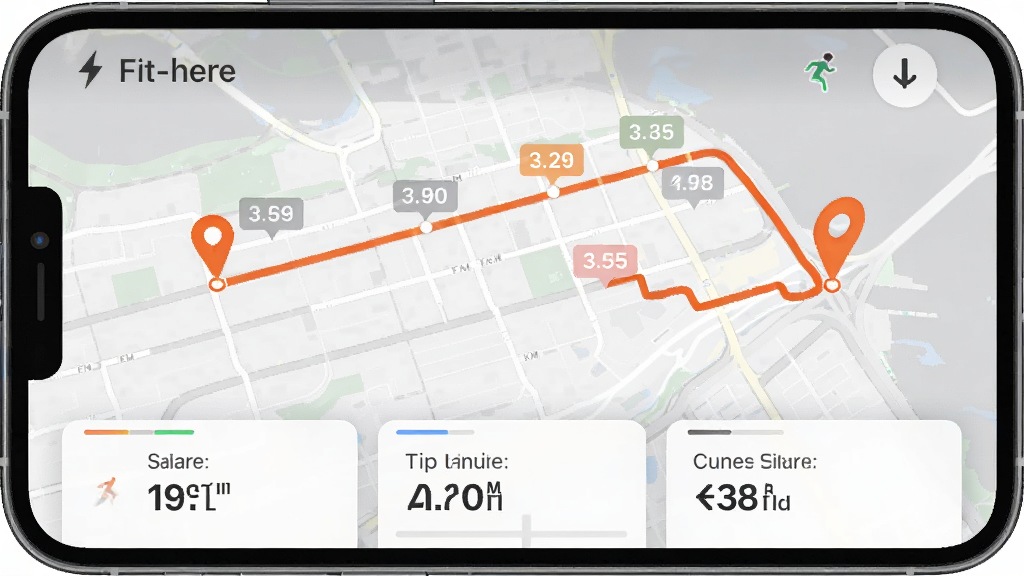 Fit-here 运动轨迹记录界面截图,手机屏幕显示城市地图上一条清晰的橙色跑步轨迹线,起点和终点有标记,沿途标注了每公里配速,背景是浅灰色地图底图,界面下方有距离、时间和消耗卡路里数据卡片,风格简洁现代,画质清晰