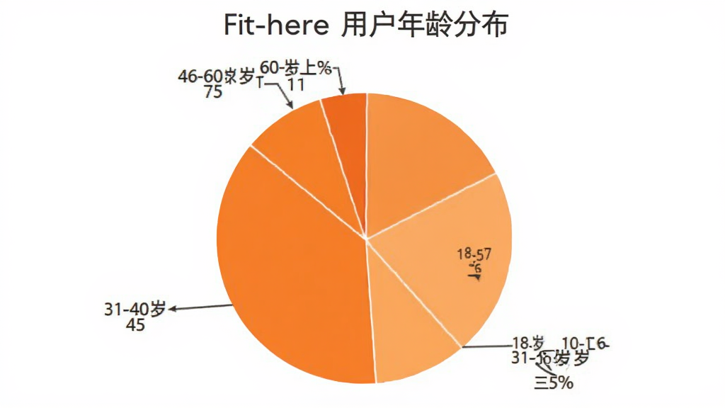 Fit-here 用户年龄分布饼状图,图表显示四个年龄段占比,18-30岁占百分之三十五,31-45岁占百分之三十,46-60岁占百分之二十五,60岁以上占百分之十,配色为橙色系渐变,图表简洁明了,标注清晰,背景为白色,画质干净