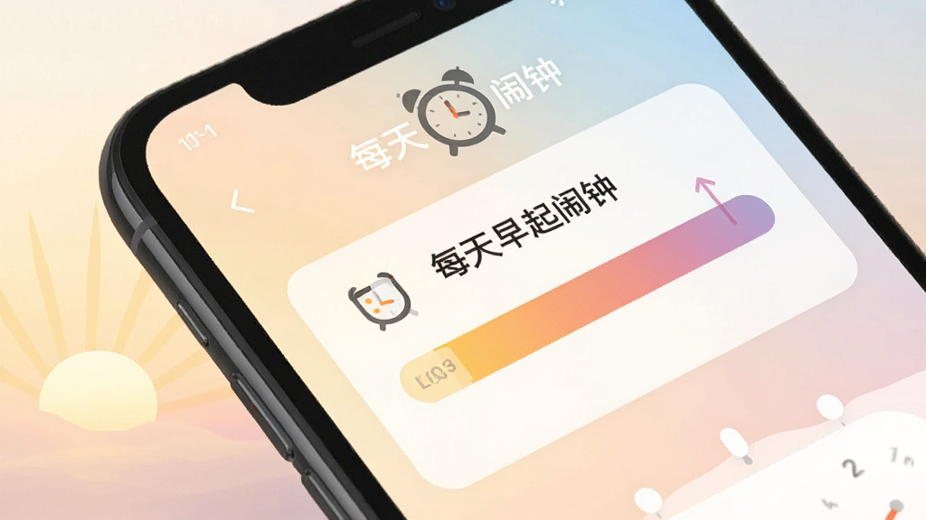 手机屏幕特写,展示“每天早起闹钟”APP的智能渐进闹铃设置界面,屏幕上有一个从低到高的音量渐变条,旁边有“每天早起闹钟”的文字标识,背景是柔和的晨光色调,风格现代扁平,画质清晰,干净无多余元素