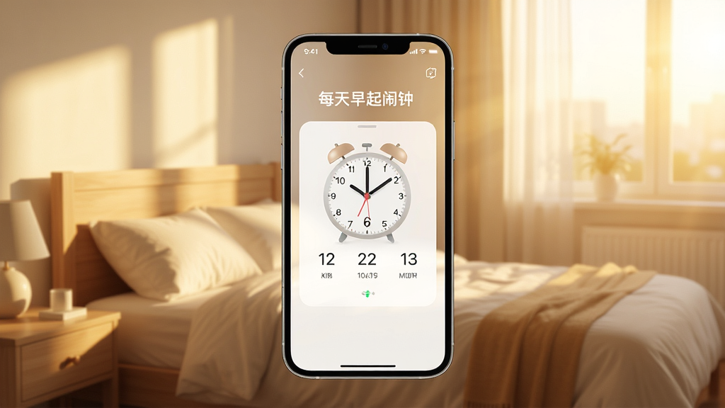 一张手机屏幕展示“每天早起闹钟”APP主界面的图片,画面中央是简洁的闹钟设置面板,背景是清晨阳光洒进卧室的温暖场景,风格清新简约,细节清晰,画质干净,无多余元素