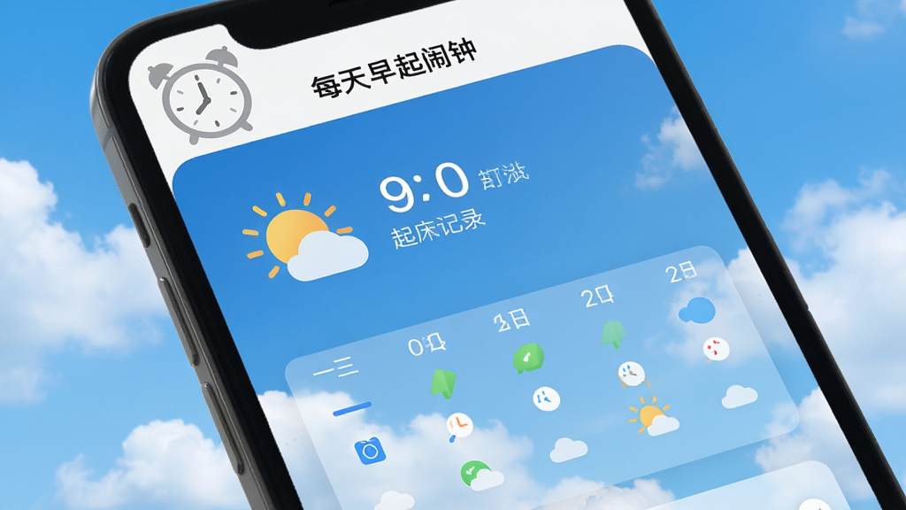 手机屏幕展示“每天早起闹钟”APP的天气与起床记录界面,屏幕上显示着天气图标和一周的起床打卡记录,背景是蓝天白云的清新画面,风格简洁明快,画质干净,无多余元素