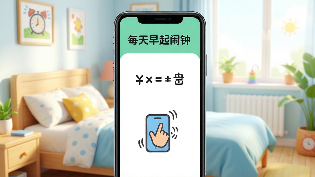 手机屏幕展示“每天早起闹钟”APP的任务解锁界面,屏幕上显示一道简单的数学题和一个摇晃手机的图标,背景是明亮的卧室环境,风格活泼有趣,细节清晰,画质干净,无多余元素