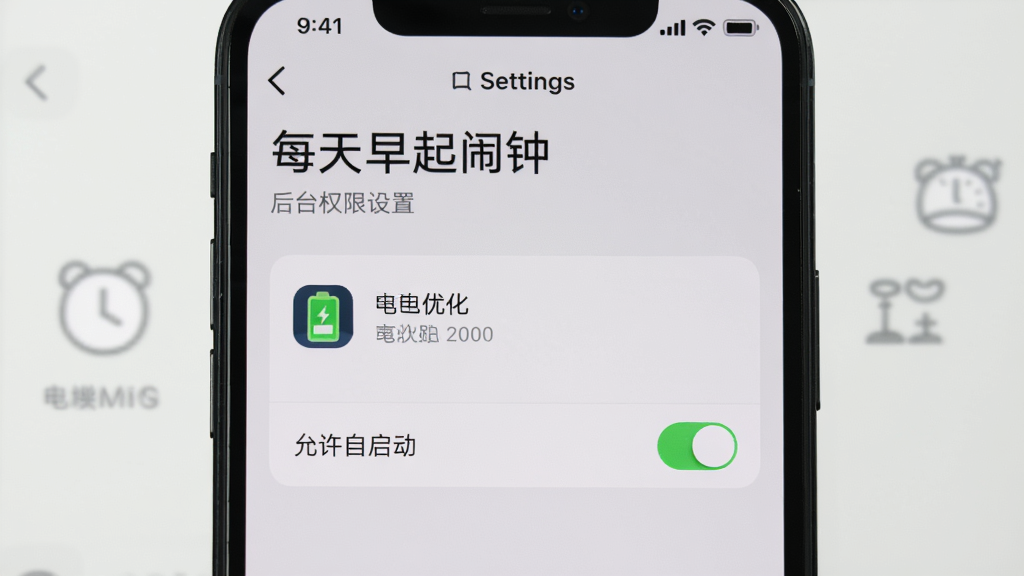 手机屏幕展示“每天早起闹钟”APP的后台权限设置引导页面,屏幕上有一个电池优化图标和一个允许自启动的开关按钮,背景是简洁的设置界面风格,画质清晰,干净无多余元素