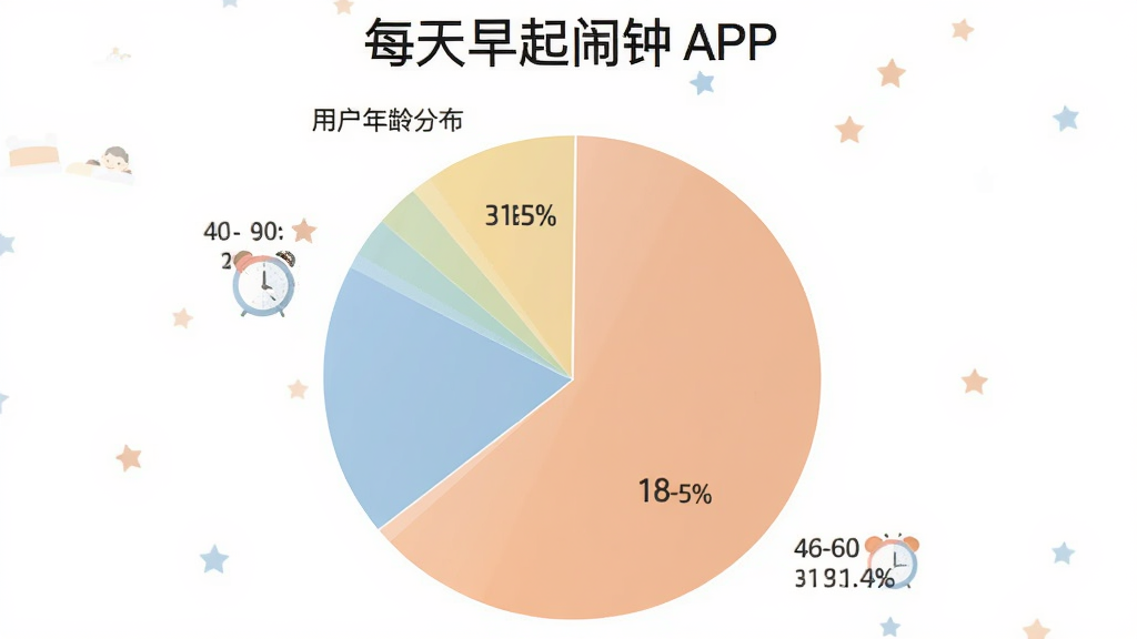 一个饼状图,展示“每天早起闹钟”APP的用户年龄分布,18-30岁占比百分之四十五,31-45岁占比百分之三十五,46-60岁占比百分之二十,图表风格简洁清晰,颜色柔和,画质干净,无多余元素