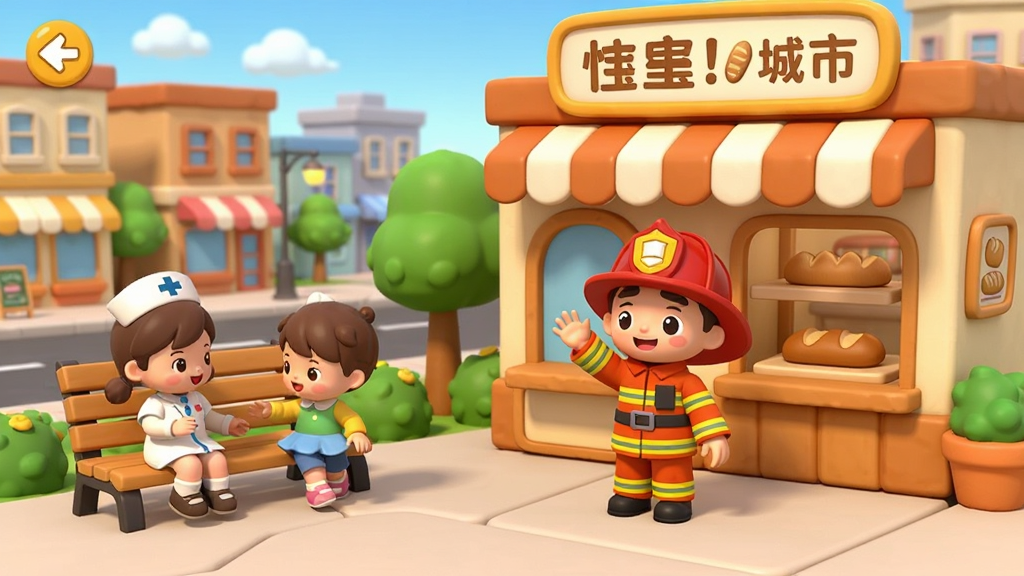 宝宝建城市 游戏内角色互动场景,一个穿着消防服的小人站在面包店门口挥手,旁边有护士和小朋友在公园长椅旁玩耍,背景是卡通风格的城市街道和建筑,色彩温暖,细节丰富,画质干净无多余元素