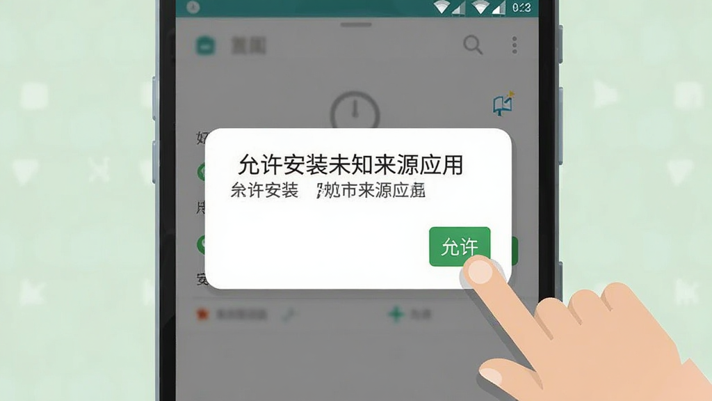 宝宝建城市 手机安装界面示意图,展示安卓手机屏幕上出现“允许安装未知来源应用”的提示弹窗,旁边有手指点击“允许”的图标,界面简洁,风格扁平,画质清晰干净