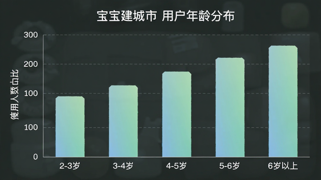 宝宝建城市 用户年龄分布柱状图,横轴为年龄段“2-3岁”“3-4岁”“4-5岁”“5-6岁”“6岁以上”,纵轴为使用人数占比,柱状颜色为柔和的蓝绿渐变,图表标题为“宝宝建城市 用户年龄分布”,风格简洁现代,画质干净无多余元素