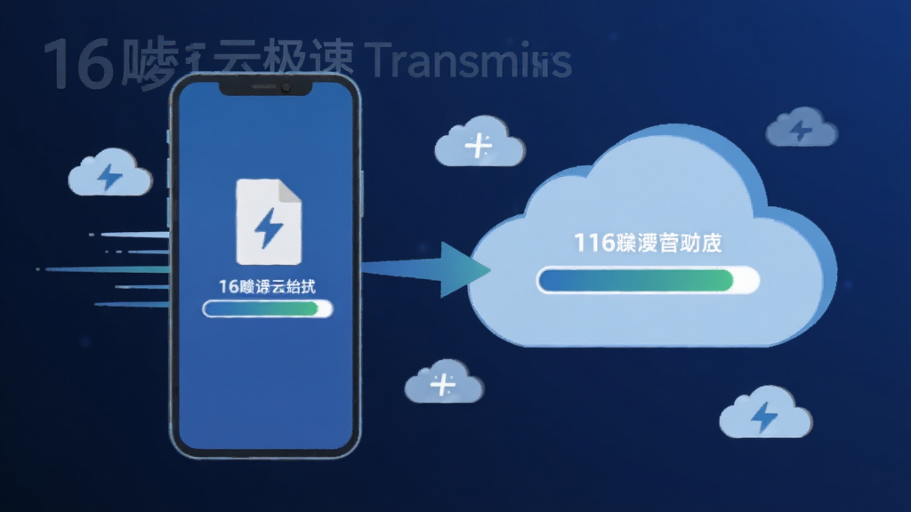 一张展示16飕云极速传输功能的图片,画面中一部手机正在向云端上传文件,进度条显示接近完成,周围有速度线条和云朵图标,背景是科技感十足的深蓝色,风格现代扁平,画质干净无多余元素