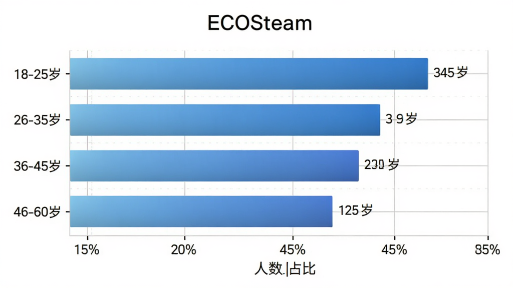 ECOSteam �û�����ֲ���״ͼ�������Ǻ�����״ͼ��������ʾ����Ρ�18-25�ꡱ��26-35�ꡱ��36-45�ꡱ��46-60�ꡱ��������ʾ����ռ�Ȱٷֱȣ�������ɫΪ������ɫ��ͼ���Ϸ��� ECOSteam �ı��⣬���־��У�������ݿ��ӻ���ϸ���������ߺ���ֵ��ǩ�����ʸ���ɾ��޶���Ԫ��