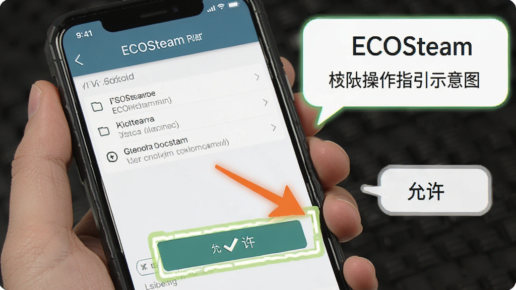 ECOSteam ����ָ��ʾ��ͼ��������һֻ�������ֻ�����Ļ����ʾ ECOSteam ��Ȩ�����ý��棬�м�ͷָ����������ť������Ϊ�����ֻ���д������ѧͼʾ��ϸ���и����߿����ʾ���ݣ����������ɾ��޶���Ԫ��