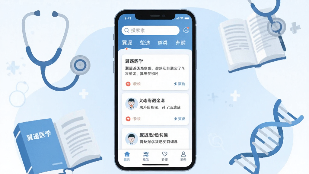 ��ңҽѧApp�������ͼ���廭������������һ�������ֻ�����Ļ��ʾ��ңҽѧӦ����ҳ��������������ͷ����ǩ���м���ҽѧ֪ʶ��Ƭ�б����ײ�Ϊ����������������͵�����ɫҽѧԪ�������������鱾��DNA���������������±�ƽ�����ʸɾ����޶���Ԫ�أ�����������ʾ����ңҽѧ��