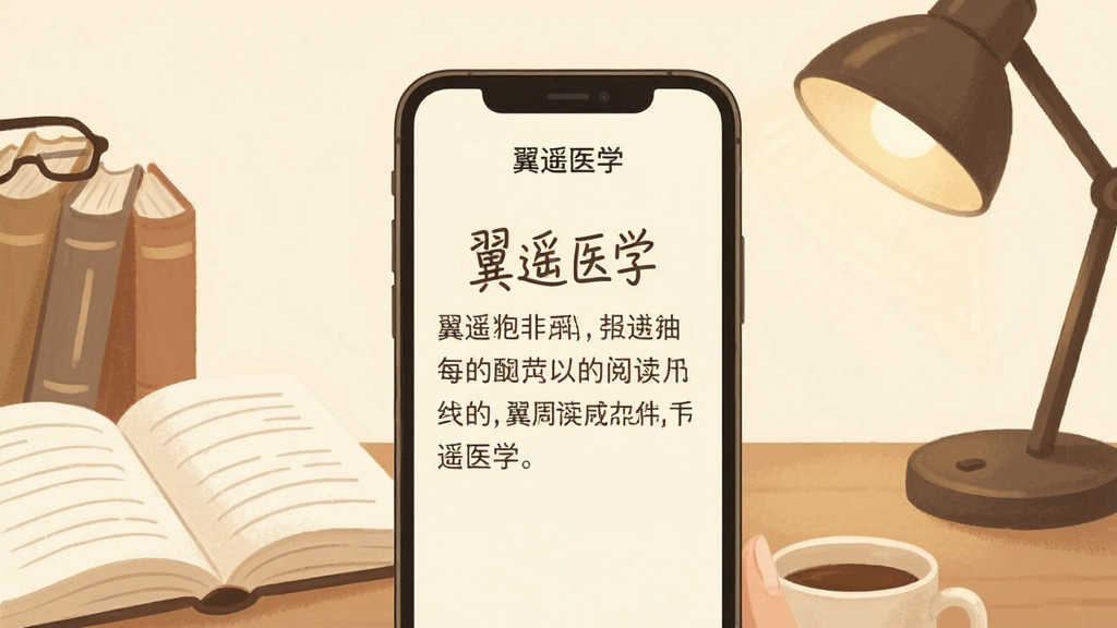 ��ңҽѧApp�Ķ������ͼ���廭������չʾ�ֻ���Ļ��һ��ҽѧ֪ʶ�����Ű����࣬û�й����������Ϊ�װ�ɫ����ɫ������Χ���鱾��̨��Ԫ�أ������ܰ���������ʸɾ���������ʾ����ңҽѧ��