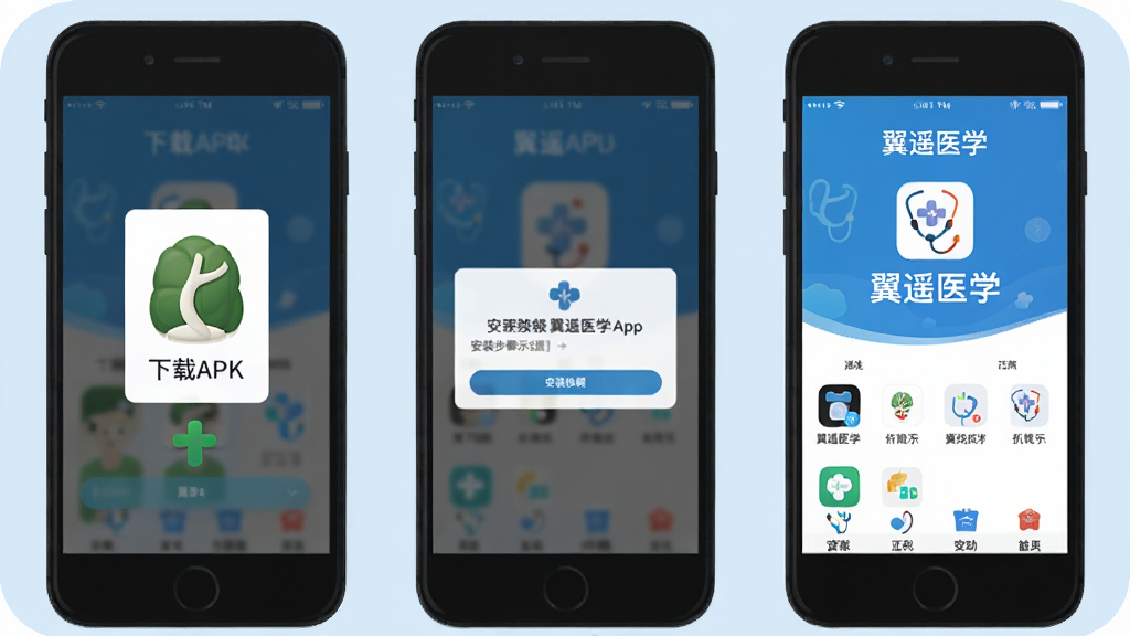 ��ңҽѧApp��װ����ʾ��ͼ������չʾ�����ֻ��������У���һ����ʾ����APK�ļ����ڶ�����ʾ��װȨ�޵�������������ʾApp�ɹ��򿪺����ҳ������Ϊǳ��ɫ������ƽ���̳̲�ͼ�����ʸɾ���������ʾ����ңҽѧ��