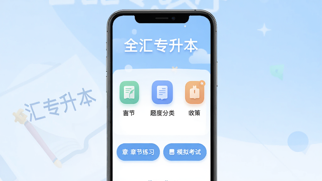 ȫ��ר����App��ҳ����չʾ���ֻ���Ļ���У�����Ϊ����ɫ���䣬��Ļ����ʾ��ȫ��ר���������ֱ����������ͼ�꣬�·����½���ϰ��ģ�⿼�԰�ť�����������ִ�������ɾ��޶���Ԫ�أ����廭�ʣ���ƽ�����