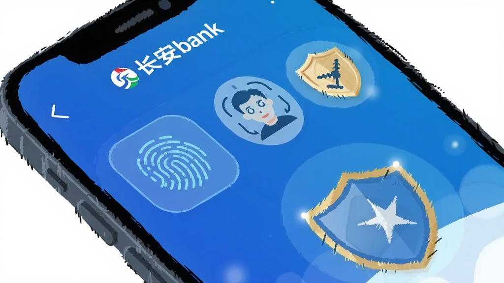 һ���ֻ������ͼ���廭��չʾ������bank��APP�İ�ȫ����ҳ�棬��ָ��ʶ��ͼ�ꡢ����ʶ��ͼ��Ͷ��ư�ȫ��ʶ����������ɫ��Ϊ�������Ƽ���ʮ�㣬�����������޶���Ԫ�ء�