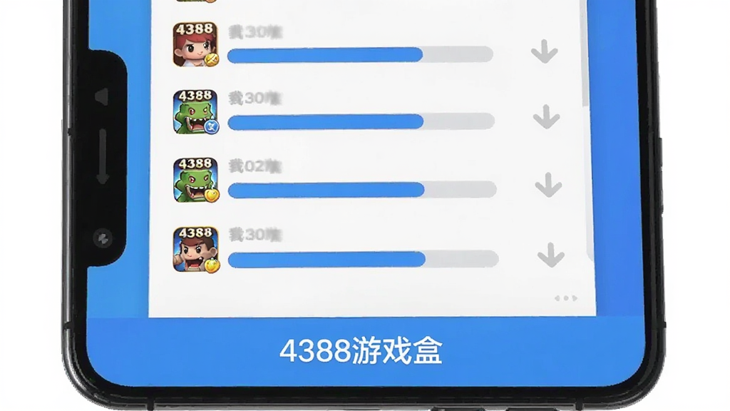 一张展示“4388游戏盒”下载管理界面的手机截图风格图片,画面中多个游戏下载进度条正在快速推进,界面底部显示“4388游戏盒”字样,背景为简洁的蓝白配色,风格扁平化,细节圆润,画质清晰