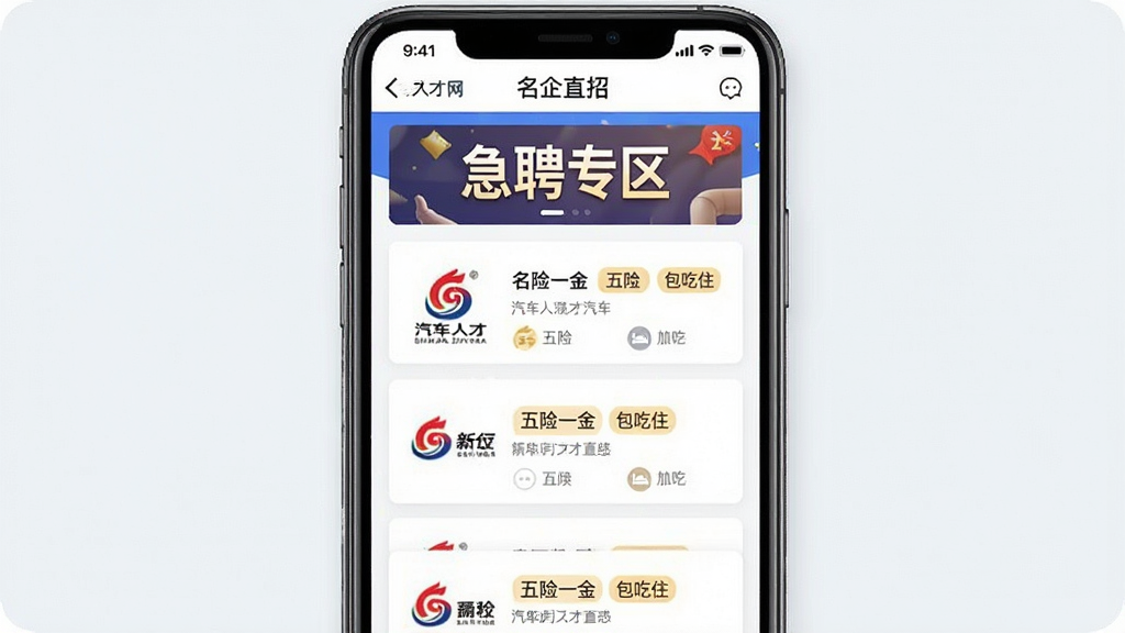 �����˲���App����Ƹר��չʾ���������ֻ���Ļ����Ļ����ʾ�����˲���App�ġ�����ֱ�С�ҳ�棬�������д�š���Ƹר�������·������Ŵ�����ҵLogo�ĸ�λ��Ƭ����Ƭ�ϱ�ע������һ�𡱡�����ס���ȱ�ǩ������Ϊ�����б����Ű����������רҵ��ϸ�����幤�������ʸɾ����޶���Ԫ�ء�