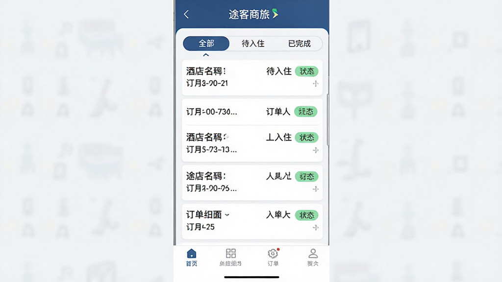 һ��;������APP��������ҳ��Ľ���ͼ���������б�չʾ����������¼��ÿ�������Ƶ����ơ���ס���ڡ�����״̬��ǩ��������ȫ��������ס������ɷ���ѡ����ײ�����������������Լ���Ű����룬���ʸɾ��޶���Ԫ�أ�ͼ�����ְ�����;�����á�