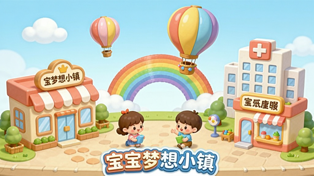 一个卡通风格的儿童游戏小镇全景,画面正中央有彩虹和热气球,左边是超市建筑,右边是医院和理发店,中间有小朋友角色在互动,整体色彩明亮柔和,风格为Q版卡通,细节圆润可爱,画质干净清晰,无多余元素,图片中带有“宝宝梦想小镇”的文字标识