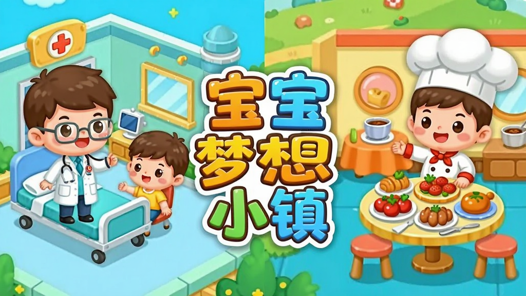 一个卡通风格的儿童游戏场景合集,左侧是医院场景有医生和病人,右侧是餐厅场景有厨师和食物,中间有“宝宝梦想小镇”文字,整体画面明亮活泼,风格为Q版卡通,布局紧凑有序,画质干净清晰,无多余元素