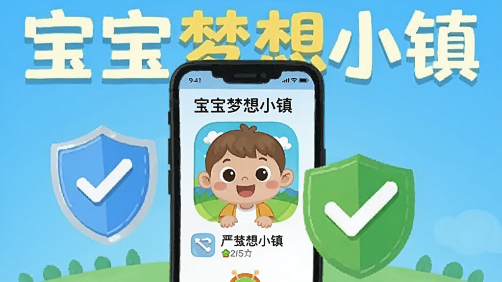 一个卡通风格的手机界面展示图,画面中有一部手机正在安装“宝宝梦想小镇”应用,手机旁边有盾牌和勾选图标表示安全,背景有“宝宝梦想小镇”文字,整体风格简洁明快,布局居中,画质干净无多余元素