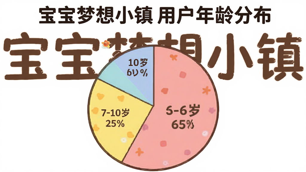 一个卡通风格的饼状图,标题为“宝宝梦想小镇用户年龄分布”,图表分为三块,3-6岁占65%,7-10岁占25%,其他年龄段占10%,背景有“宝宝梦想小镇”文字,整体风格简洁清晰,配色柔和,画质干净无多余元素