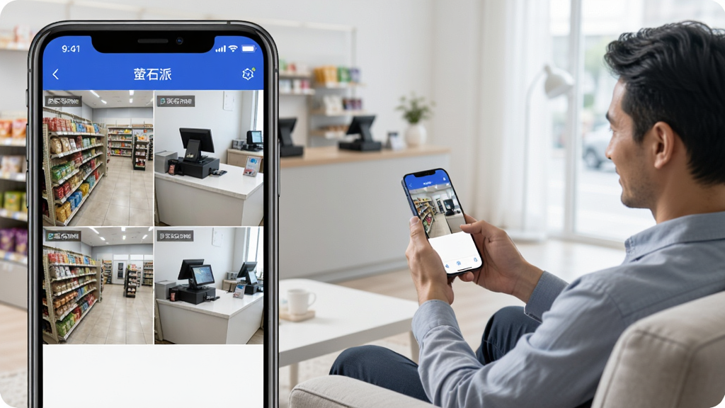 һ��չʾөʯ��Զ��Ѳ�깦�ܵĳ���ͼ�����������һ���ֻ����ֻ���Ļ����ʾөʯ��App���Ĺ����ػ��棬ÿ�����Ӵ���һ���ŵ��ʵʱ���棬�������л��ܺ�����̨���Ҳ��ǵ����ϰ�����ɳ�������ֻ��鿴�Ļ��棬������дʵ���������ʸɾ���ͼƬ���ֻ���Ļ�Ϸ�������ʾ��өʯ�ɡ�