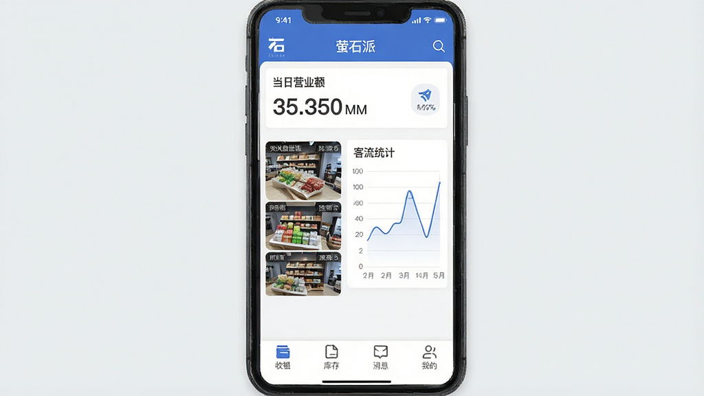 һ��չʾөʯ��App���Ĺ��ܵ��ֻ�����ͼ�������������ֻ���Ļ����Ļ����ʾөʯ��App��ҳ�������е������ƺ͵���Ӫҵ�����֣��м���ʵʱ��ػ�������ͼ�Ϳ���ͳ������ͼ���ײ�����������桢��Ϣ���ҵ��ĸ�ͼ�꣬�����Ǽ���ǳ��ɫ������ִ���ƽ�����ʸɾ��������޶���Ԫ�أ�ͼƬ�����ֱ��������өʯ�ɡ�