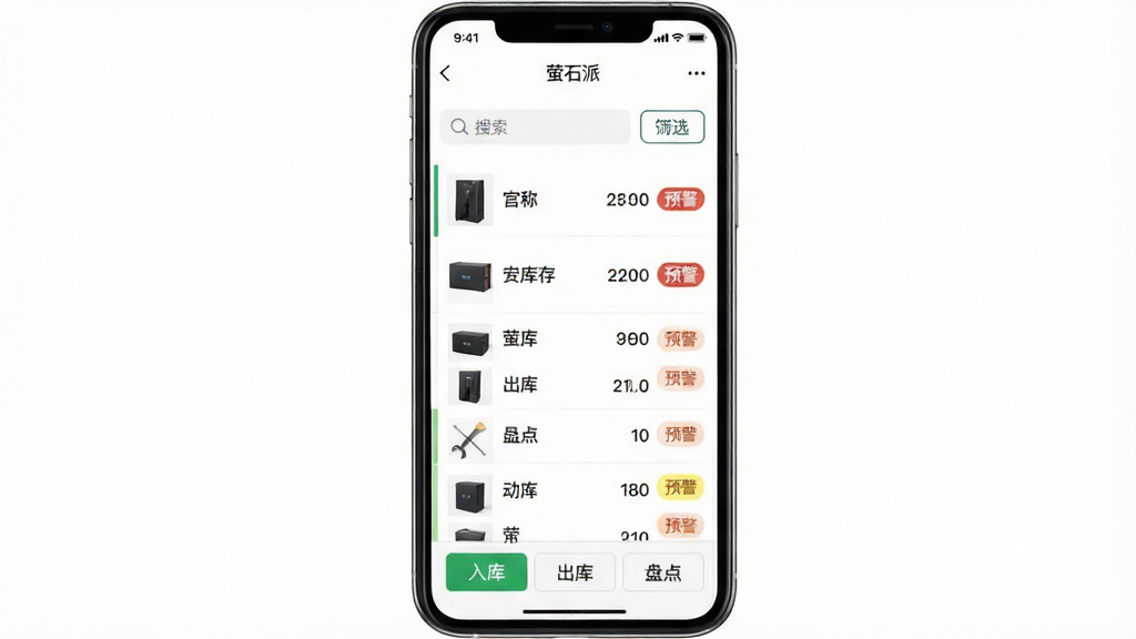 һ��չʾөʯ�ɿ��������ܵĽ���ͼ�������������ֻ���Ļ����Ļ����ʾөʯ��App�Ŀ���б�ҳ�棬ÿһ������ƷͼƬ�����ơ���ǰ���������Ԥ��״̬��ǩ���������������ɸѡ��ť���ײ��С���⡱�����⡱���̵㡱����������ť�������Ǹɾ��İ�ɫ����������񣬻������������ְ�����өʯ�ɡ�
