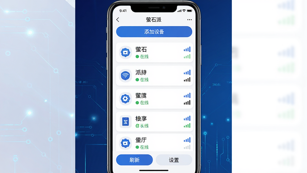 һ��չʾөʯ���豸�������ܵĽ���ͼ�������������ֻ���Ļ����Ļ����ʾөʯ��App���豸�б���ÿ���豸��ͼ�ꡢ���ơ�����״̬���ź�ǿ��ָʾ�������С������豸����ť���ײ��С�ˢ�¡��͡����á�ѡ�����������ɫ���䣬���Ƽ��У����ʸɾ������ְ�����өʯ�ɡ�