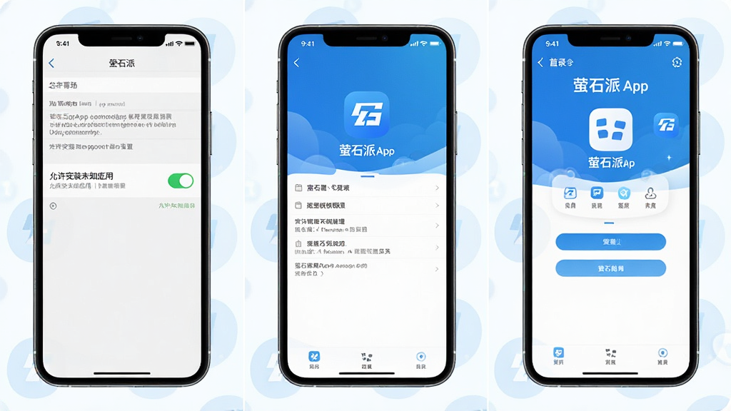 һ��չʾөʯ��App��װ���ò����ʾ��ͼ�������Ϊ�������֣�������ֻ����ý����С�������װδ֪Ӧ�á��Ŀ��ش�״̬���м���өʯ��App��Ȩ�޹���ҳ�棬�ұ���өʯ��App�ɹ���¼�����ҳ���棬����������ֱ�ۣ����ʸɾ���ͼƬ�����ְ�����өʯ�ɡ�