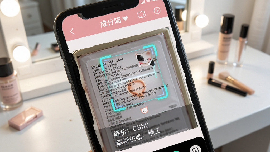 һ���ֻ���Ļ��д����ʾ���ɷ�����APP��ɨ����棬��ͷ������һ����ױƷ�ĳɷֱ���ǩ����Ļ�ϳ���ʶ���ͽ����������������ױ̨���������������дʵ�������������޶���Ԫ��