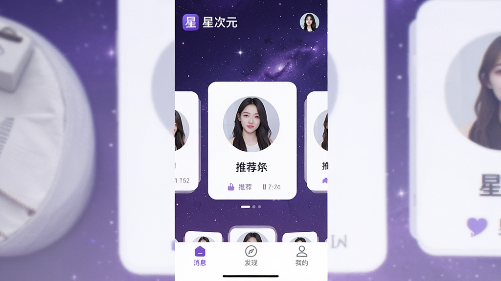 һ��չʾ�Ǵ�ԪApp����ȫò���ֻ������ͼ�������������Ǵ�ԪApp���罻ƥ����ҳ�棬������ʾ�Ǵ�ԪLogo���û�ͷ���м��ǿ�Ƭʽ�������û��Ƽ����򣬵ײ�Ϊ��Ϣ�����֡��ҵ�����������ǩ�����������ữ����ɫ���ǿ��ϺͰ�ɫΪ��������ɾ����࣬ϸ���������޶���Ԫ�أ����ʸ��塣