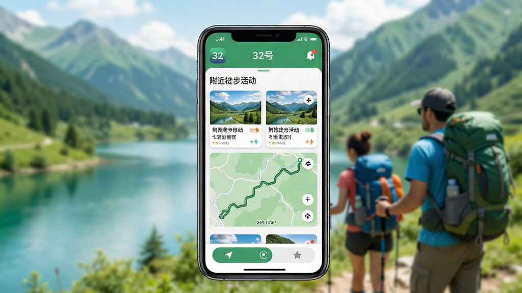 һ��չʾ����ͽ��Լ�鳡����ͼƬ�������������ֻ���Ļ��ʾ��32�š�App���棬��Ļ���и���ͽ����б��͵�ͼ·�ߣ���������ɽ��ˮ�ͼ�λ���ű�����ͽ���ߣ�����Ϊ�ֻ����С������黯���Ű��࣬���������Ȼ��ϸ�ڰ���Appͼ�ꡢ���Ƭ�͵�����ť�����ʸɾ��������޶���Ԫ��