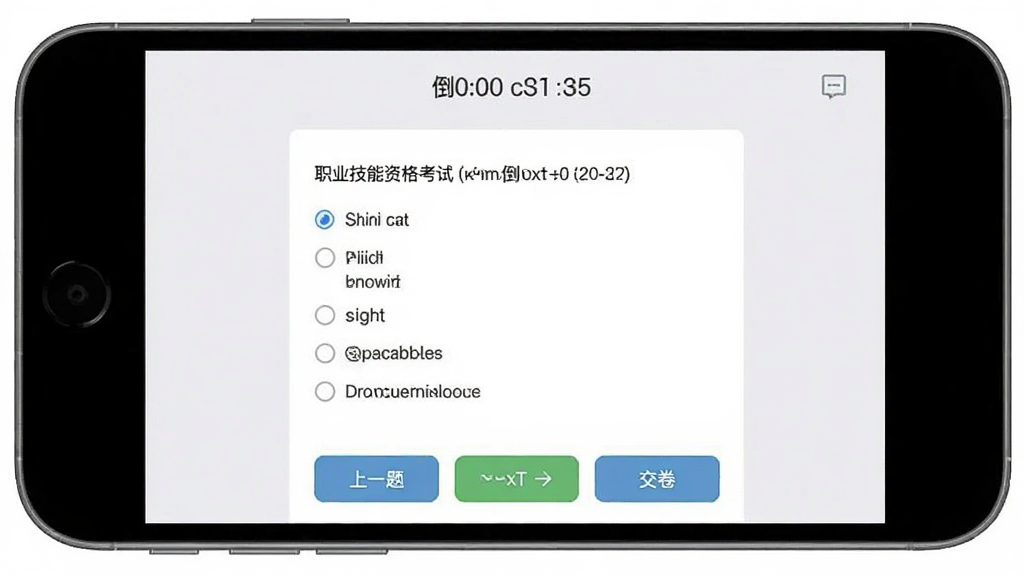 ְҵ�����ʸ���App��ģ�⿼�Խ��棬�ֻ���Ļ��ʾһ���Ծ����⿨�������е���ʱ����ĿΪ��ѡ�⣬�·�ѡ���������ײ�����һ�⡢��һ��ͽ�����ť������Ϊǳ��ɫ�����������������ʵ��