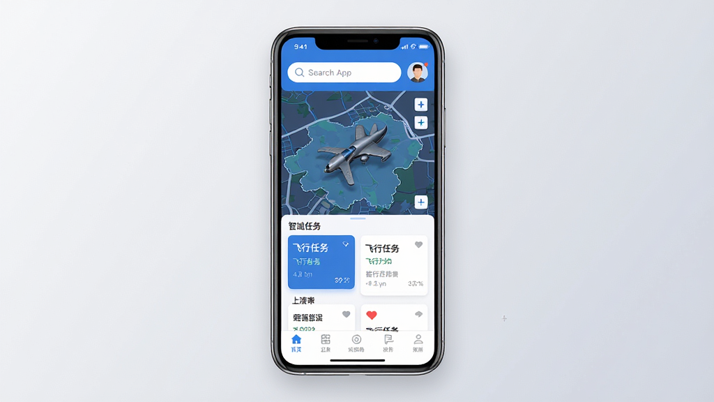 一张展示智慧低空App核心功能的手机应用界面截图,画面中央是手机屏幕,屏幕内显示智慧低空App的主页,顶部有搜索框和用户头像,中间是空域地图和飞行任务卡片,底部有导航栏,界面以蓝白为主色调,风格现代简洁,细节清晰,画质干净,无多余元素,背景为浅灰色渐变,突出科技感与实用性