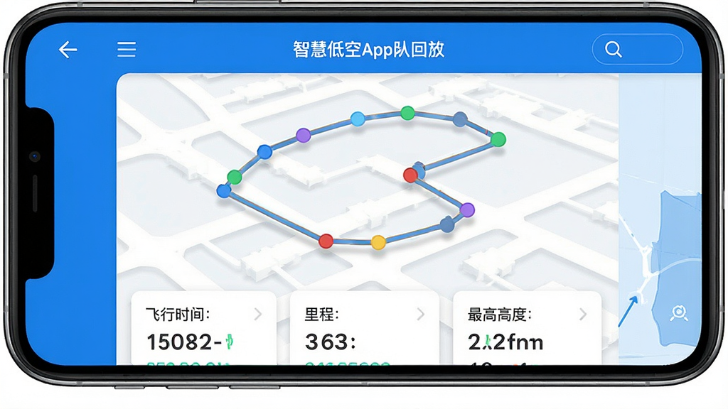 一张展示智慧低空App飞行数据回放功能的界面截图,手机屏幕显示一条三维飞行轨迹图,轨迹上有不同颜色的标记点,下方有飞行时长、里程、最高高度等数据卡片,界面风格简洁专业,蓝白配色,数据可视化清晰,画质干净,无多余元素