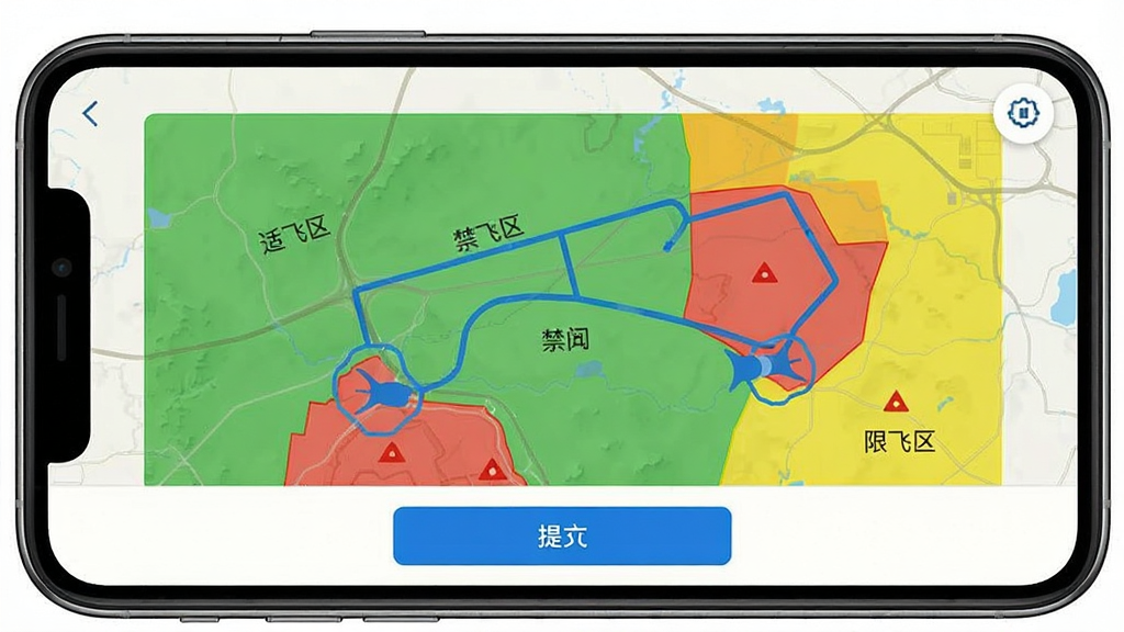 一张展示智慧低空App空域查询功能的界面截图,手机屏幕显示一张带有不同颜色区域划分的空域地图,绿色代表适飞区,红色代表禁飞区,黄色代表限飞区,地图上有一个蓝色的飞行计划航线,界面底部有提交按钮,画面风格清晰直观,蓝白配色,细节干净,无多余元素